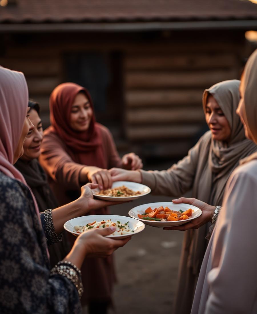 Neighbors sharing food together at golden hour